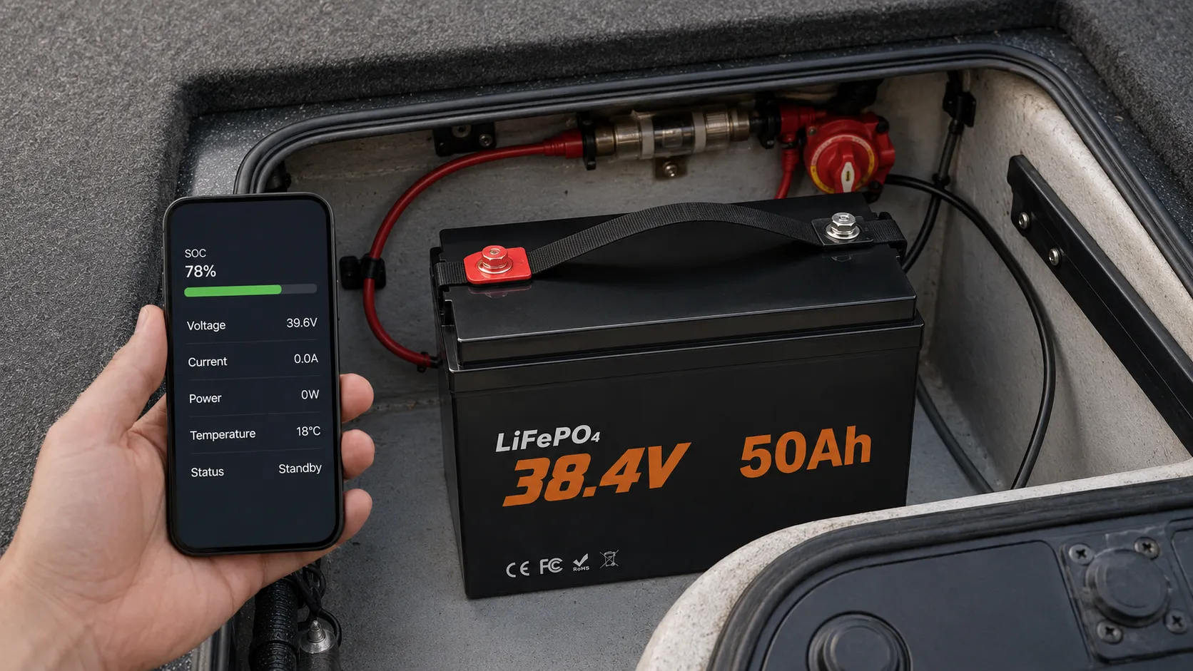 Bluetooth monitoring for 36V 50Ah LiFePO4 trolling motor battery