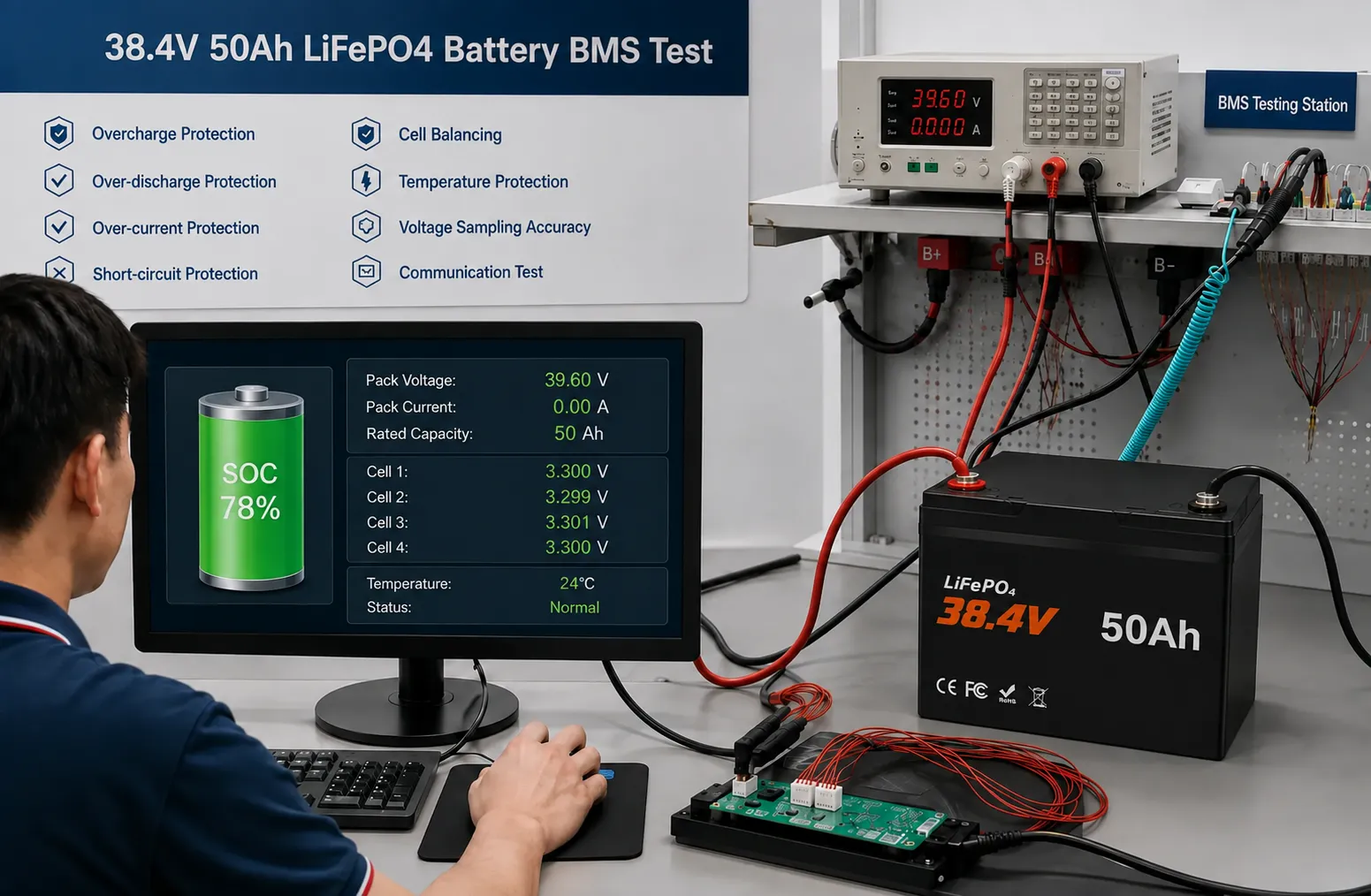 50A Smart BMS protection for 36V 50Ah LiFePO4 marine battery