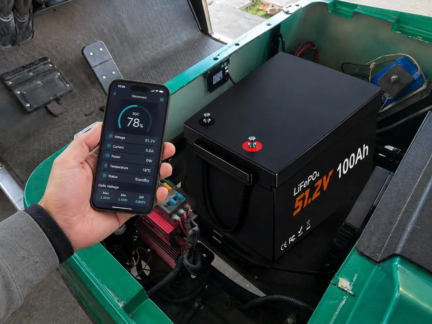 Bluetooth monitoring for 48V 100Ah LiFePO4 golf cart battery