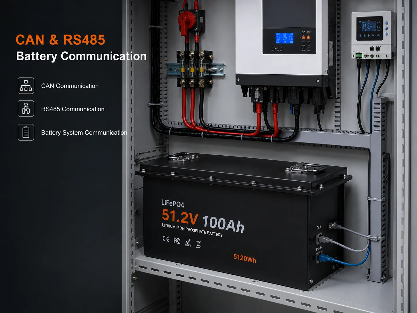CAN and RS485 communication for 48V 100Ah LiFePO4 battery system integration