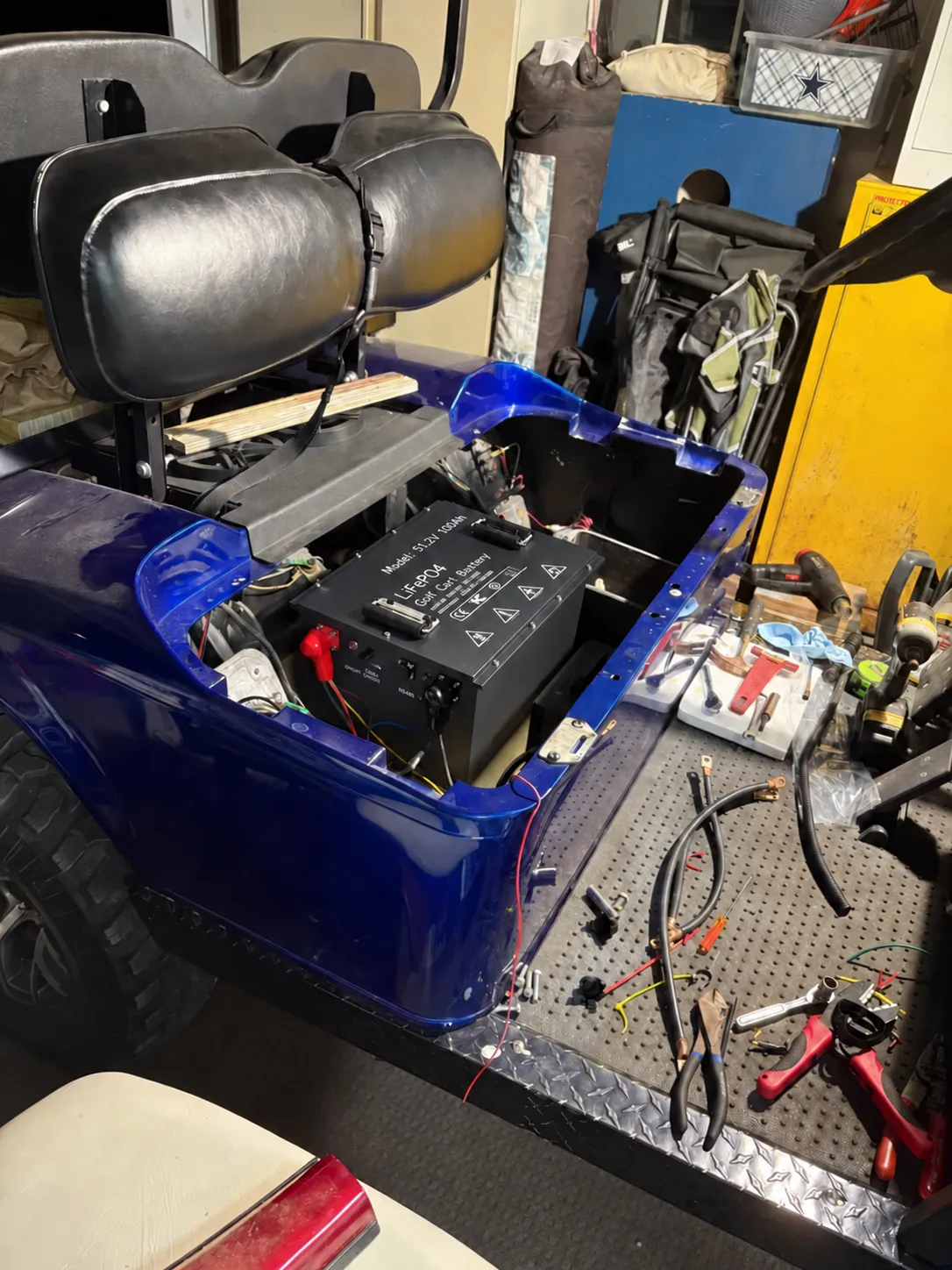 51.2V 100Ah LiFePO4 battery installation in a compatible 48V E-Z-GO TXT or RXV golf cart