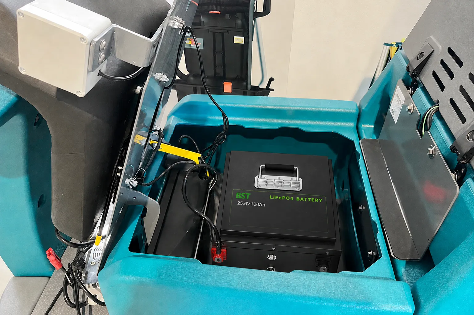 LiFePO4 battery installed in a commercial floor cleaning machine