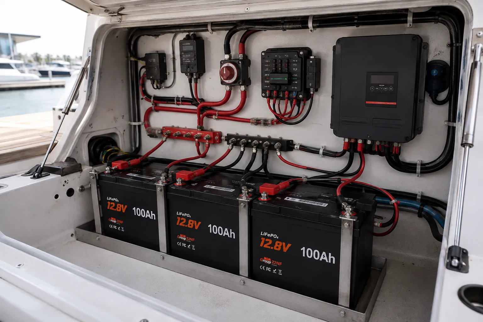 Motor yacht LiFePO4 house battery system with inverter and onboard electrical equipment