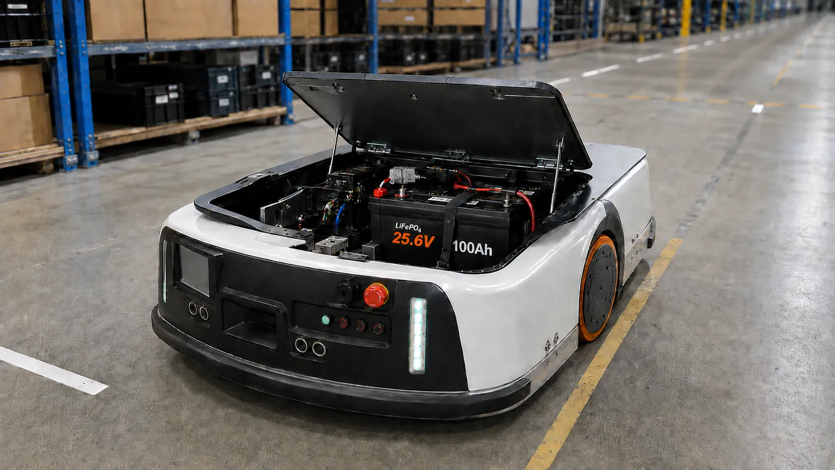 Custom industrial LiFePO4 battery installed in an AGV or AMR