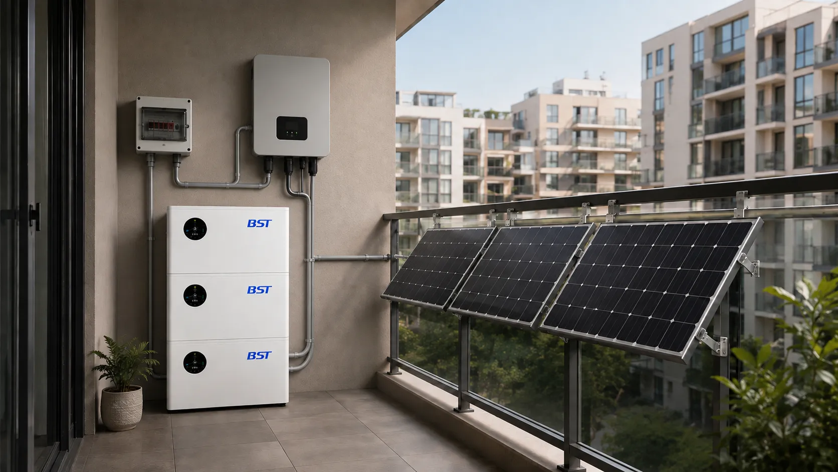 Compact balcony solar battery storage system for an apartment