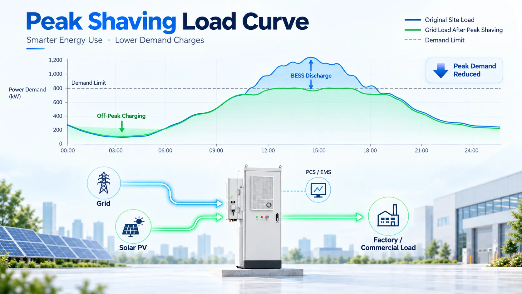BESS peak shaving load curve showing industrial site demand target grid limit battery discharge off-peak charging and reduced grid peak demand