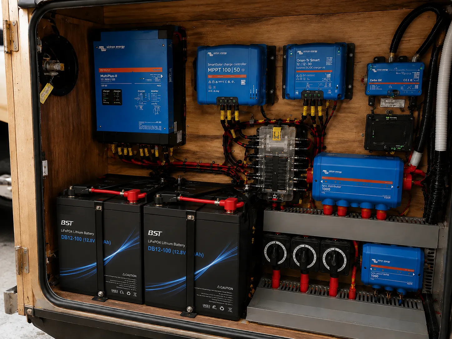 12V RV LiFePO4 battery bank installed with Victron power equipment