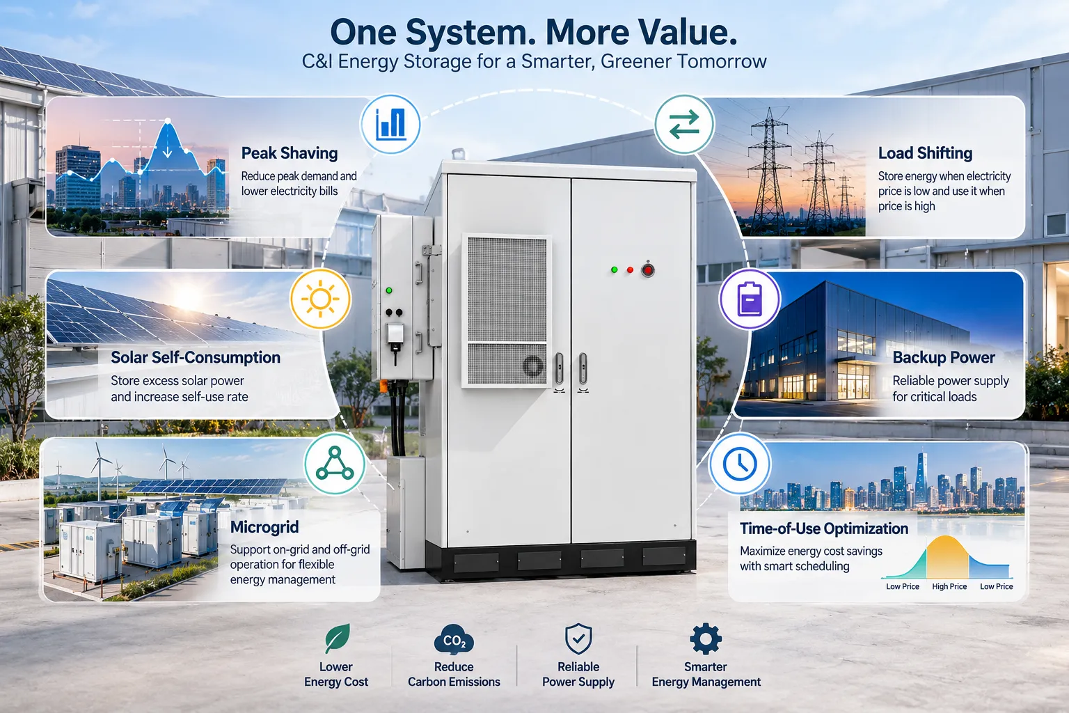 C&I BESS energy management applications for peak shaving, load shifting, solar self-consumption, backup power, microgrid and time-of-use optimization