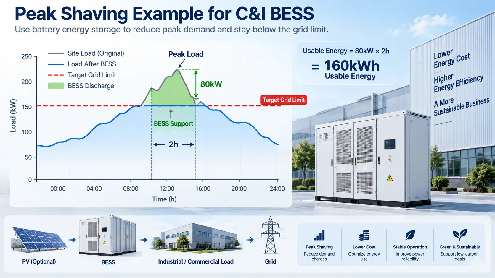 C and I BESS sizing example with 80kW peak reduction for two hours and 160kWh required delivered energy