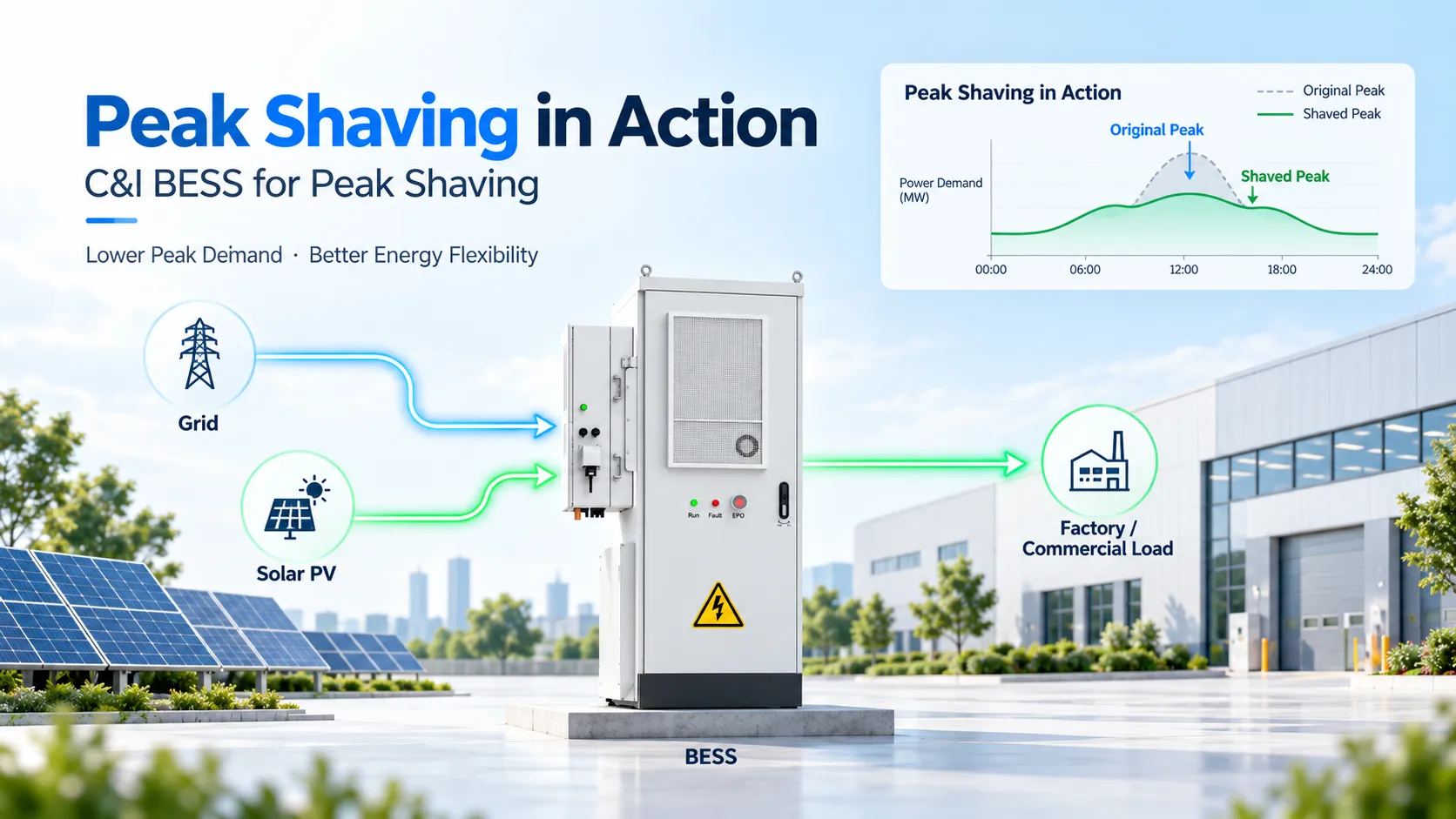 C&I BESS peak shaving energy storage solution with solar PV utility grid and industrial load