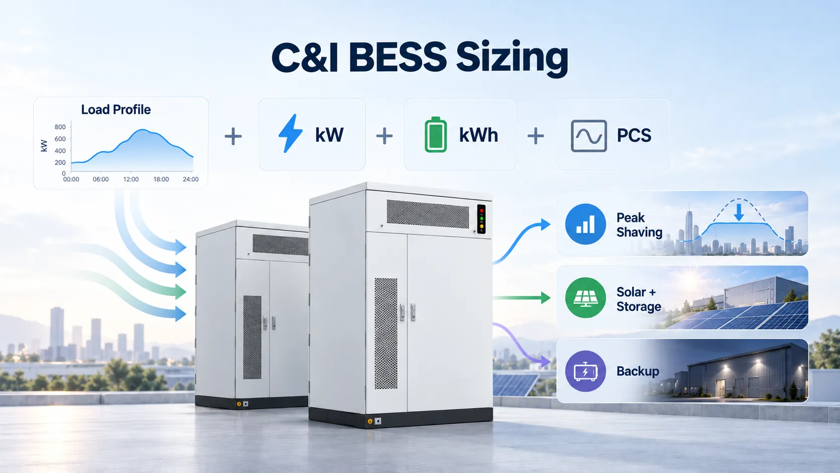 C and I BESS sizing guide showing load profile kW power kWh energy PCS sizing and battery storage applications