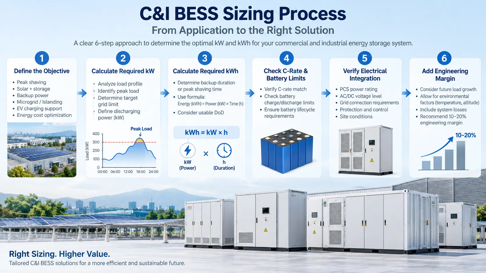 C and I BESS sizing process from load profile and required kW to kWh C rate PCS electrical integration and engineering margin