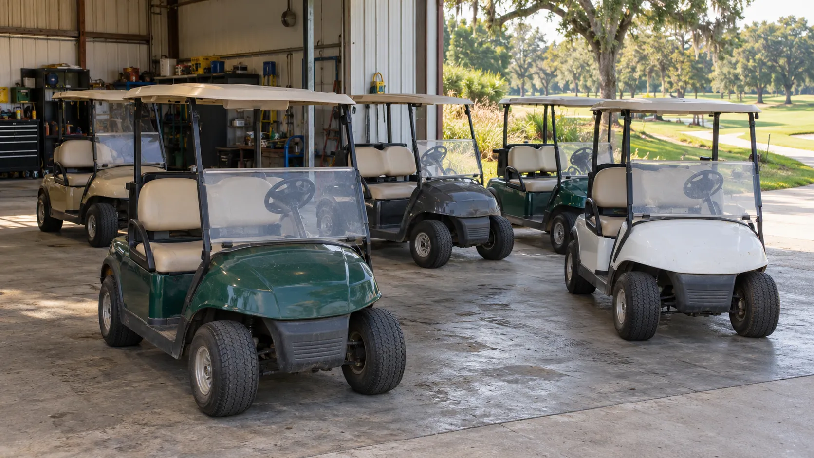 Golf cart dealer service area with a commercial fleet of unbranded golf carts