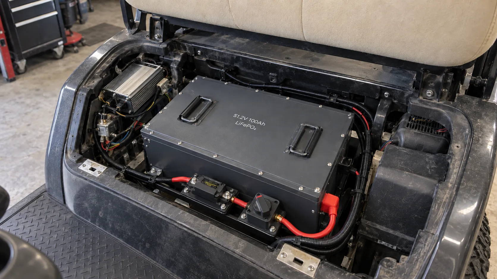 51.2V 100Ah LiFePO4 battery installed in a compatible Club Car golf cart