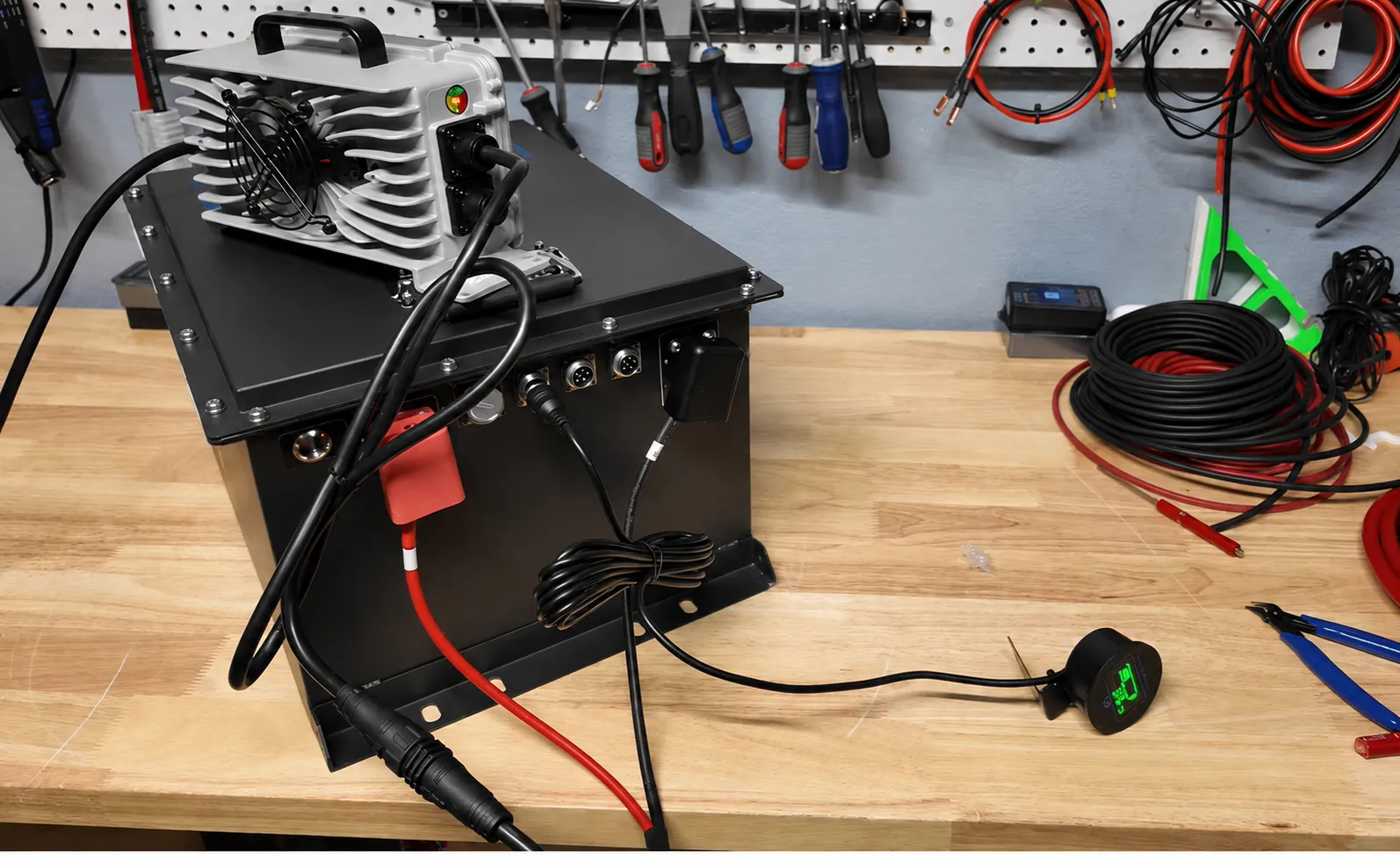 Custom 48V LiFePO4 golf cart battery bench testing with charger and diagnostic connections