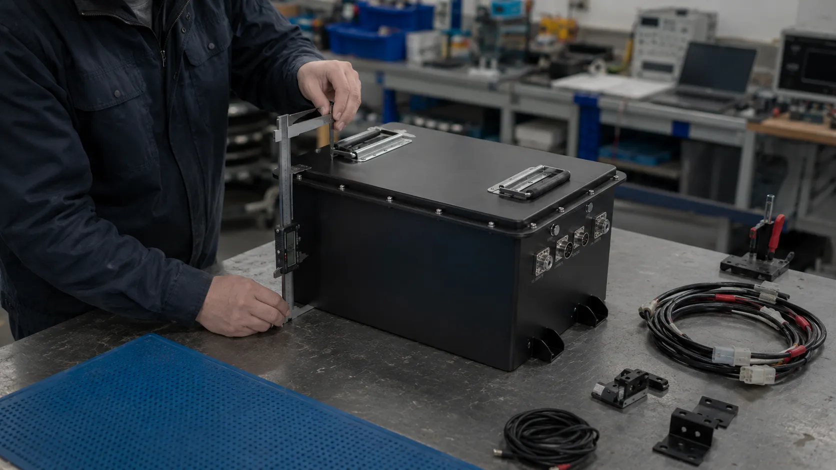 Engineer checking custom golf cart LiFePO4 battery enclosure dimensions
