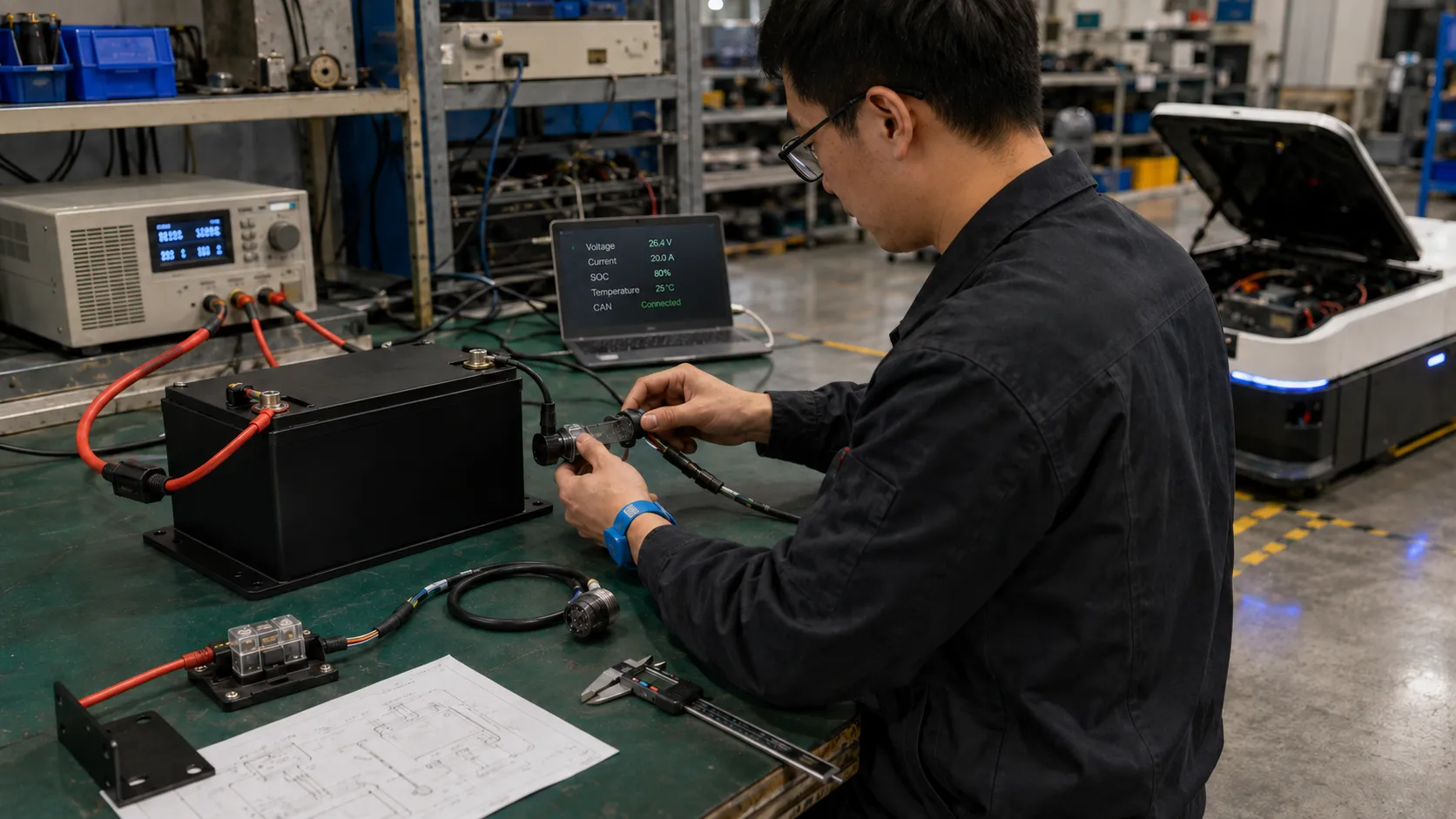 Custom industrial LiFePO4 battery integration and equipment compatibility testing