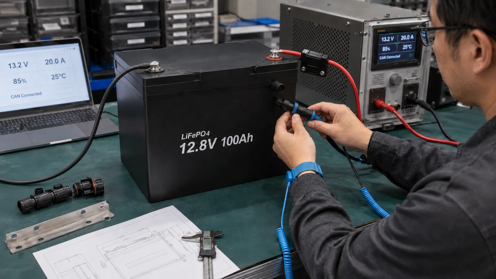 Custom marine LiFePO4 battery engineering, Smart BMS communication and sample testing
