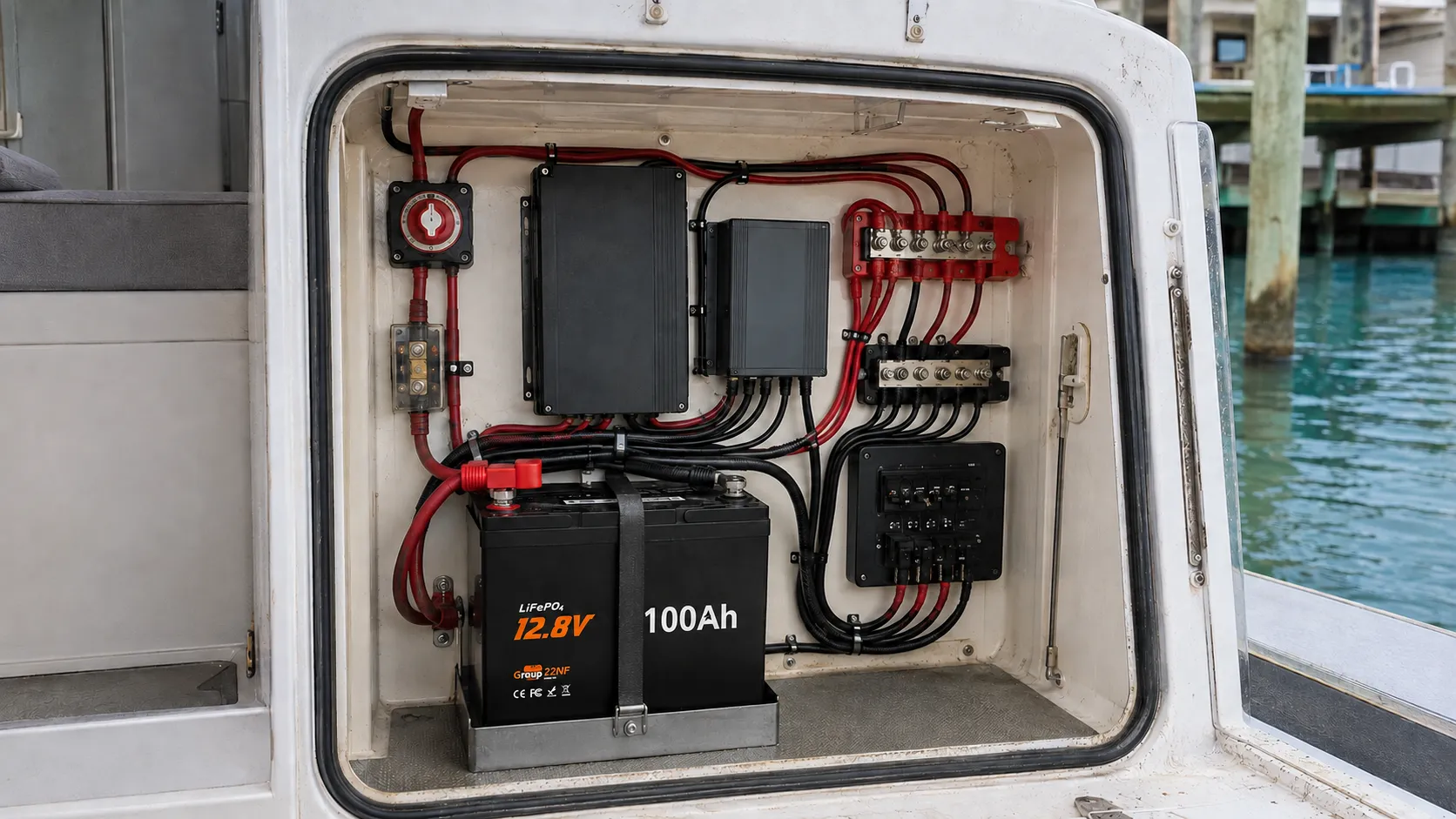 Custom marine LiFePO4 battery integrated with inverter charger and DC equipment