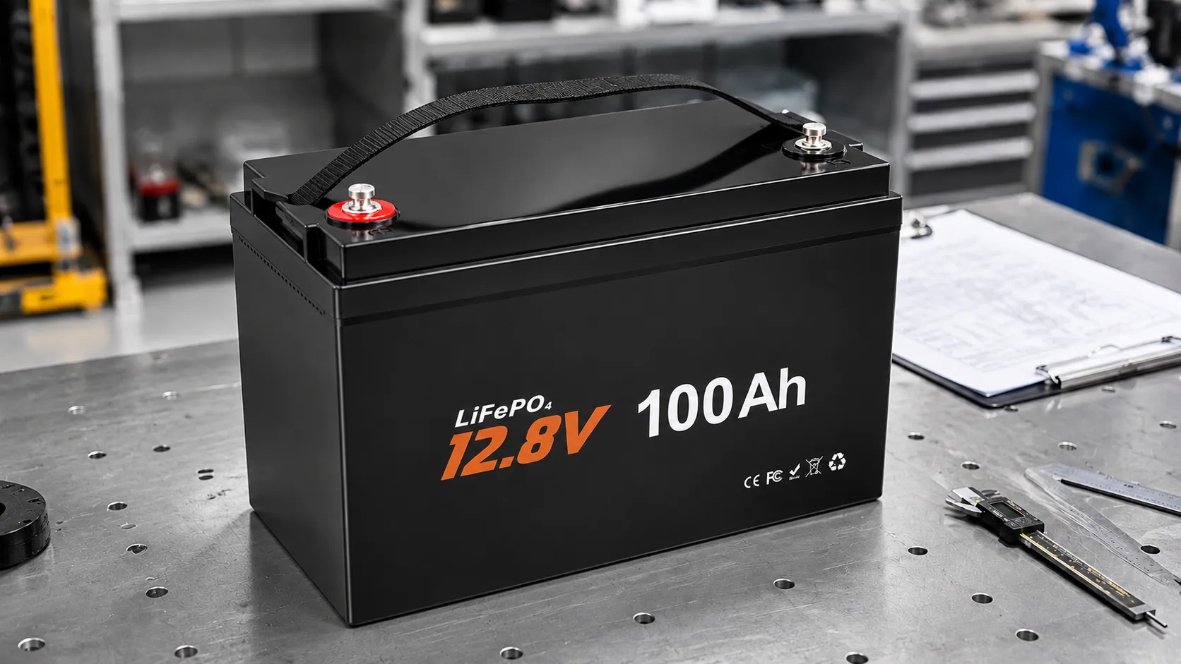 Custom 12.8V 100Ah RV LiFePO4 battery OEM sample with project-specific enclosure terminals and mounting configuration