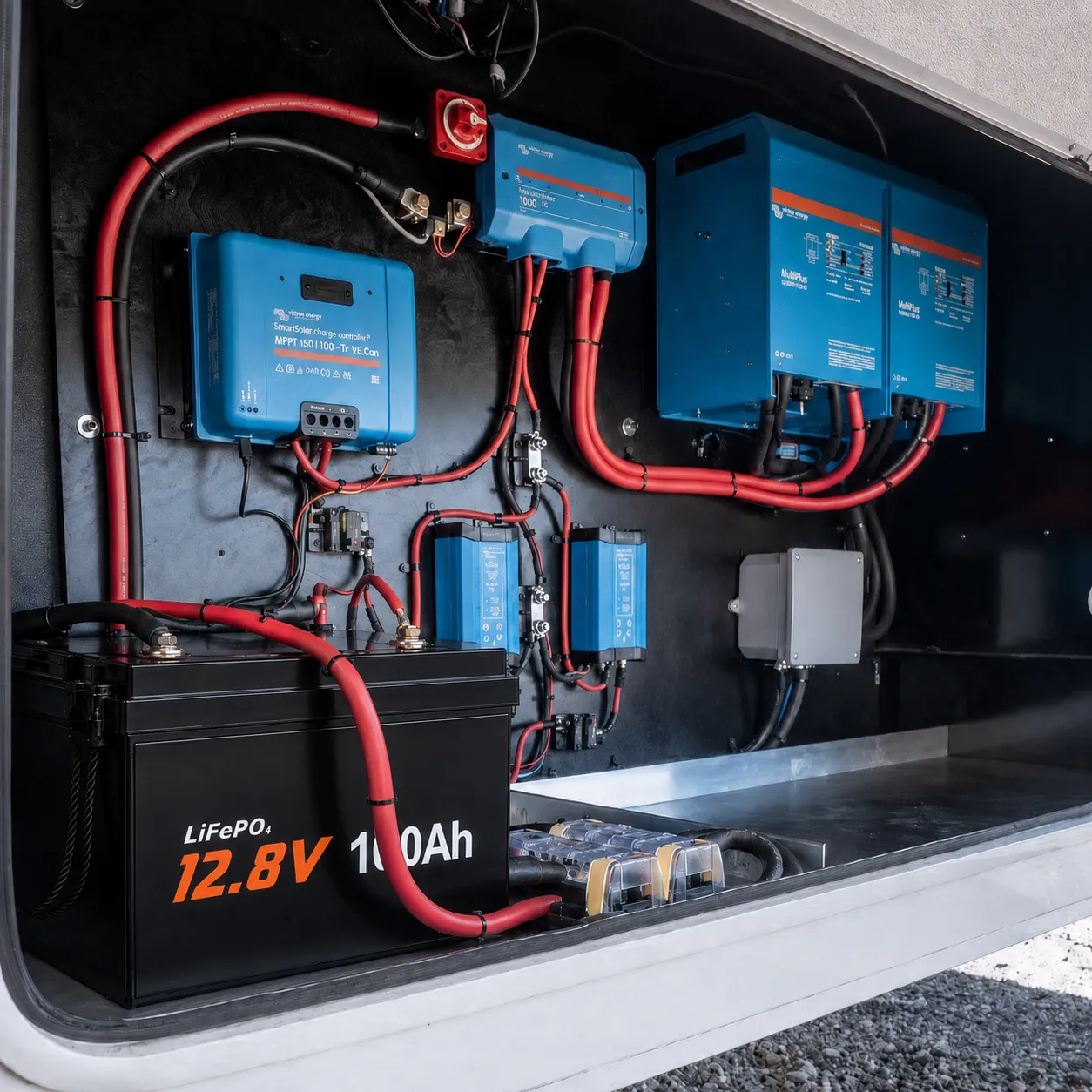 Custom RV LiFePO4 battery system integration with inverter solar MPPT charger DC distribution heavy-duty cabling and electrical protection