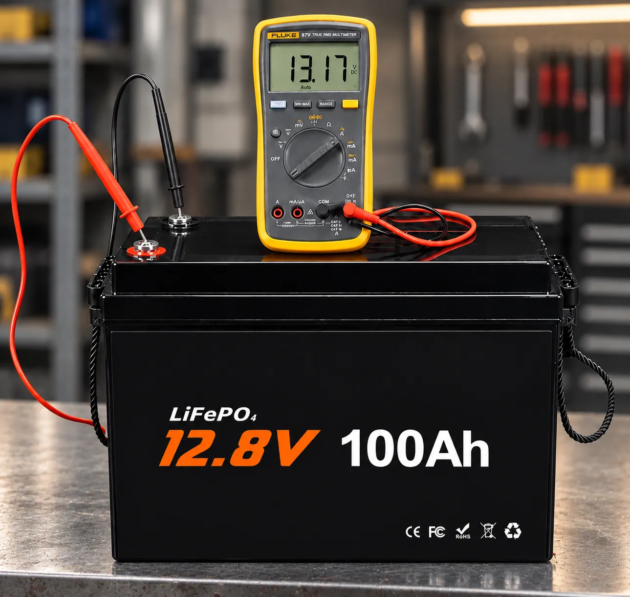 Custom RV LiFePO4 battery OEM sample voltage testing and electrical validation with digital multimeter