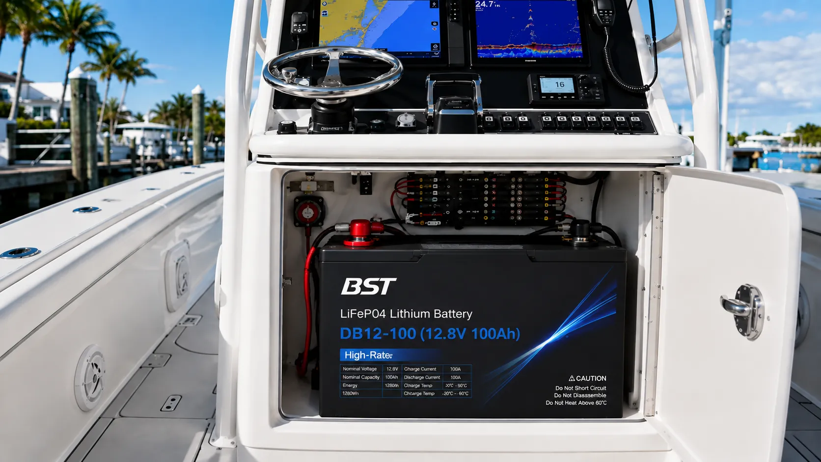 Deep-cycle marine LiFePO4 house battery installed in a protected boat compartment