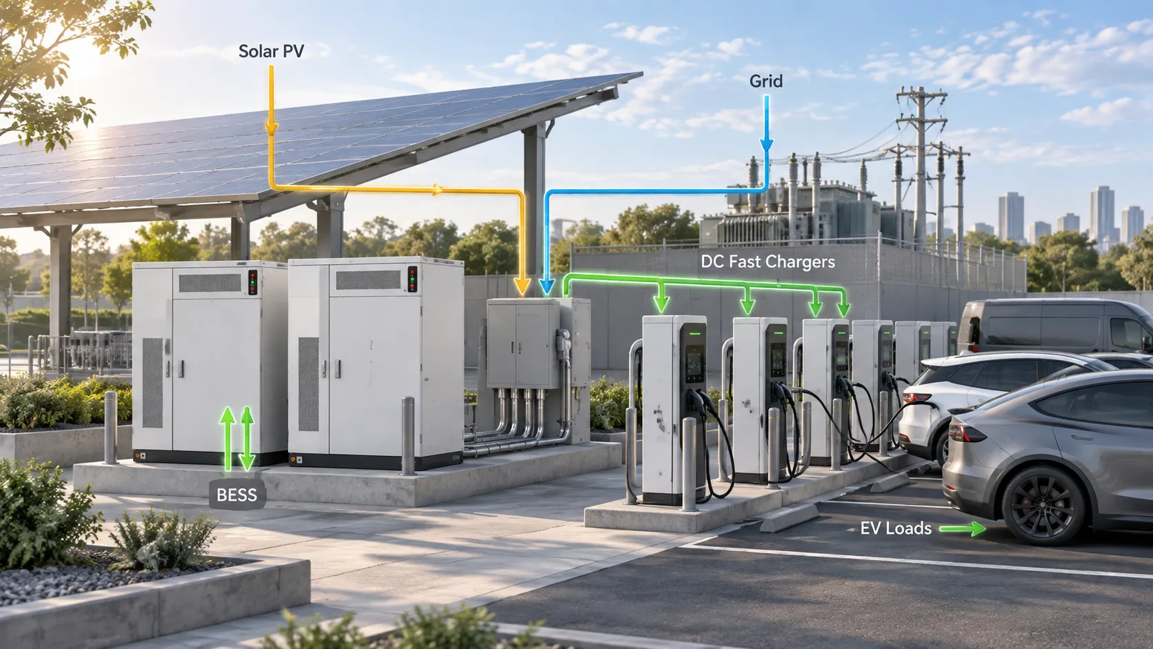 EV charging station BESS energy storage solution with solar PV, utility grid, battery storage and DC fast chargers