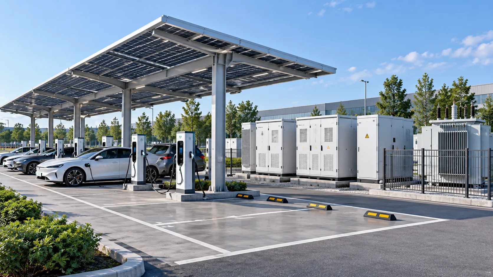 EV charging station BESS engineering application with DC fast chargers, battery storage cabinets, transformer, switchgear and solar canopy