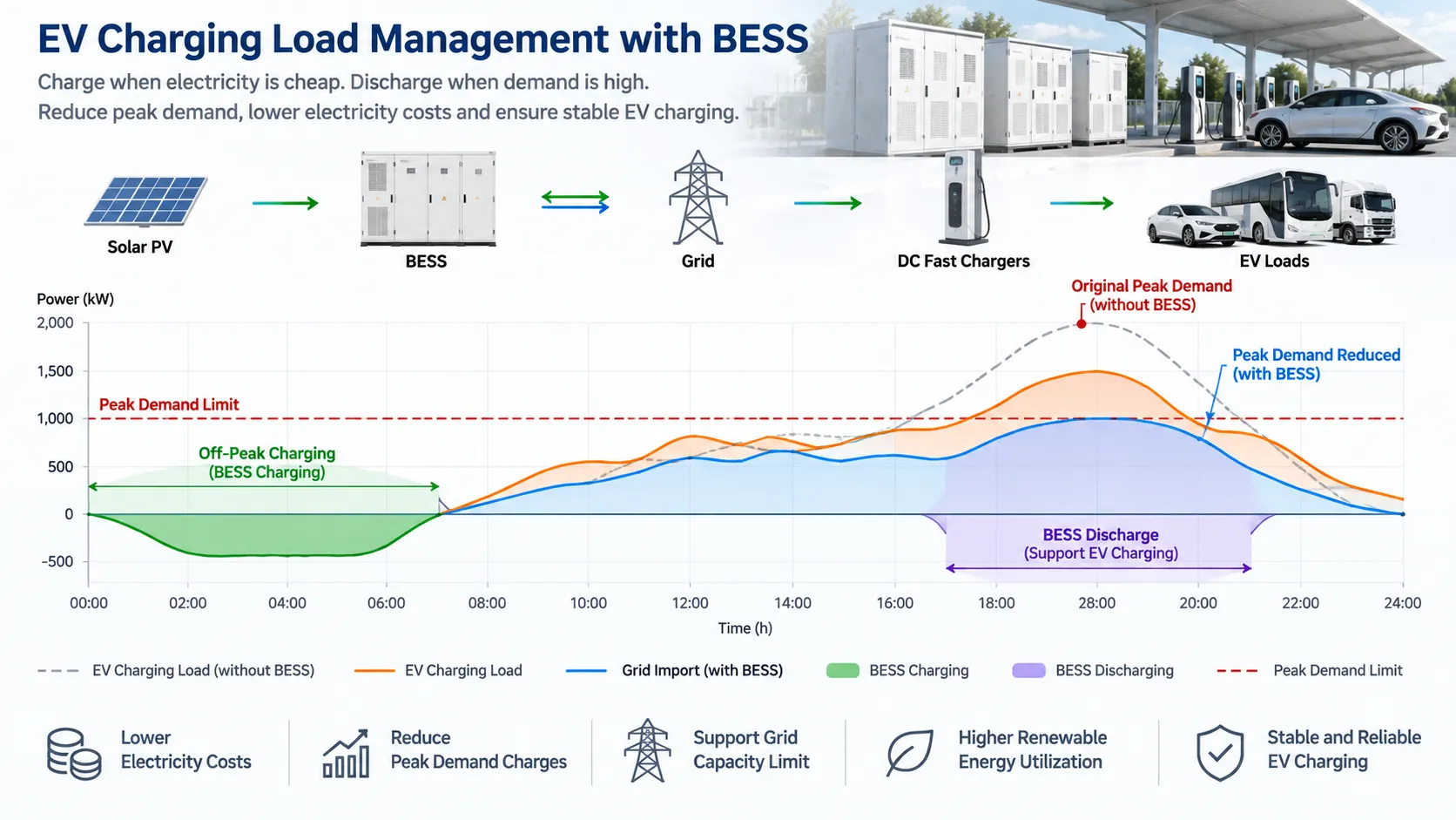 EV charging BESS peak shaving load curve showing off-peak battery charging, BESS discharge and reduced grid demand over 24 hours