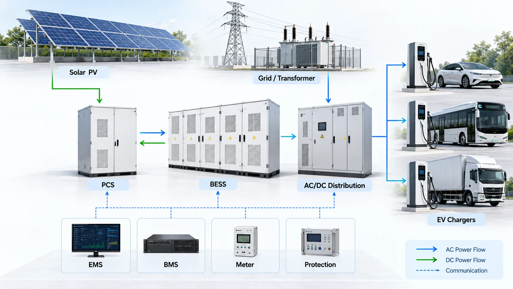 EV charging BESS system architecture with solar PV, PCS, battery storage, grid transformer, AC DC distribution, EMS, BMS, meter and fast chargers