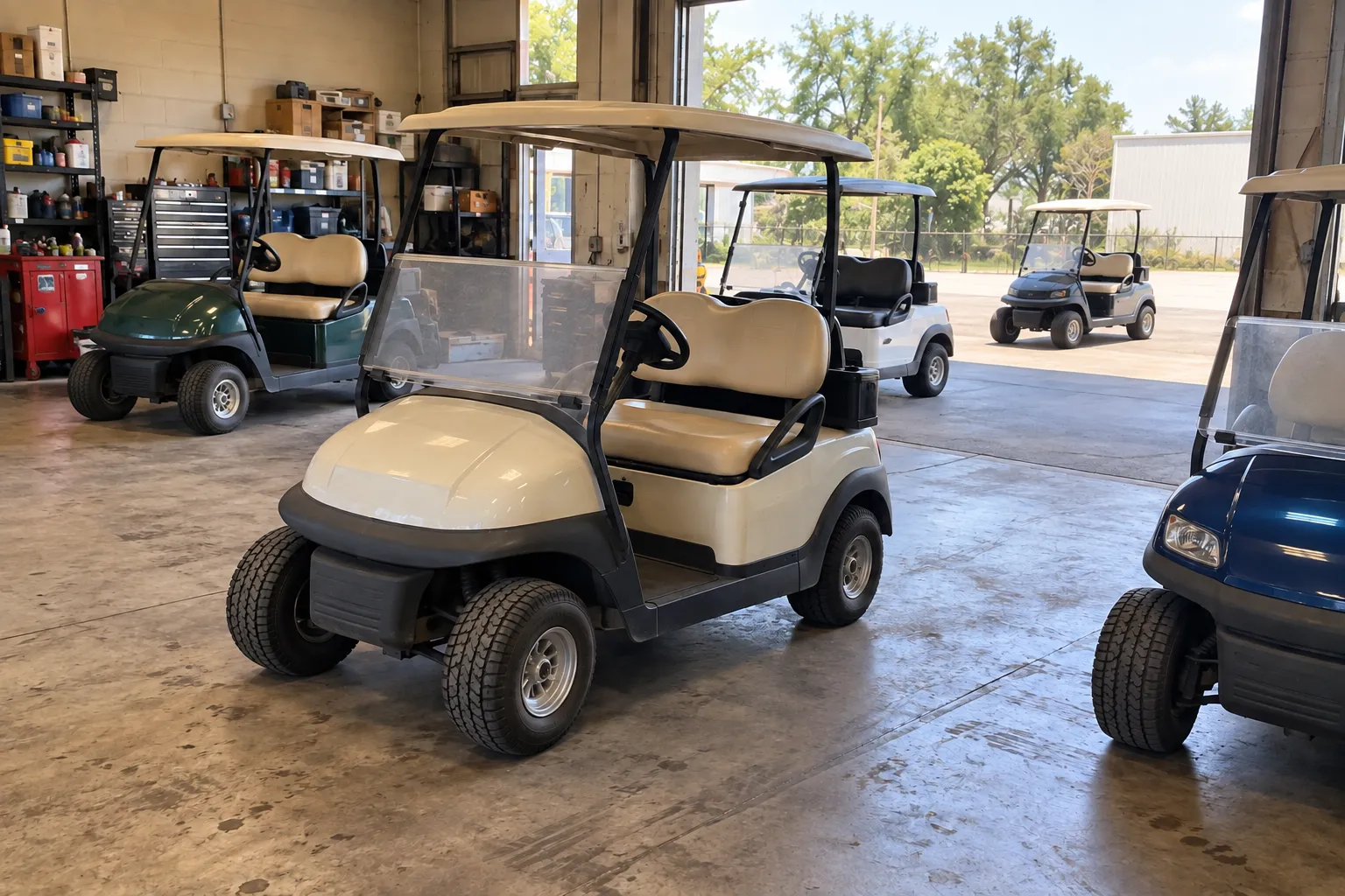 Golf carts in a dealer service area for E-Z-GO lithium battery conversion and fleet applications
