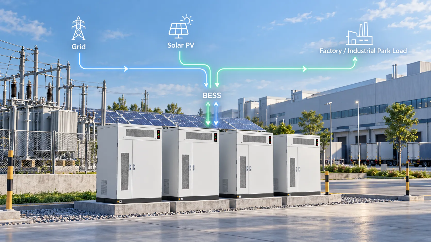 Factory and industrial park BESS energy storage solution with solar PV utility grid battery storage cabinets and industrial loads