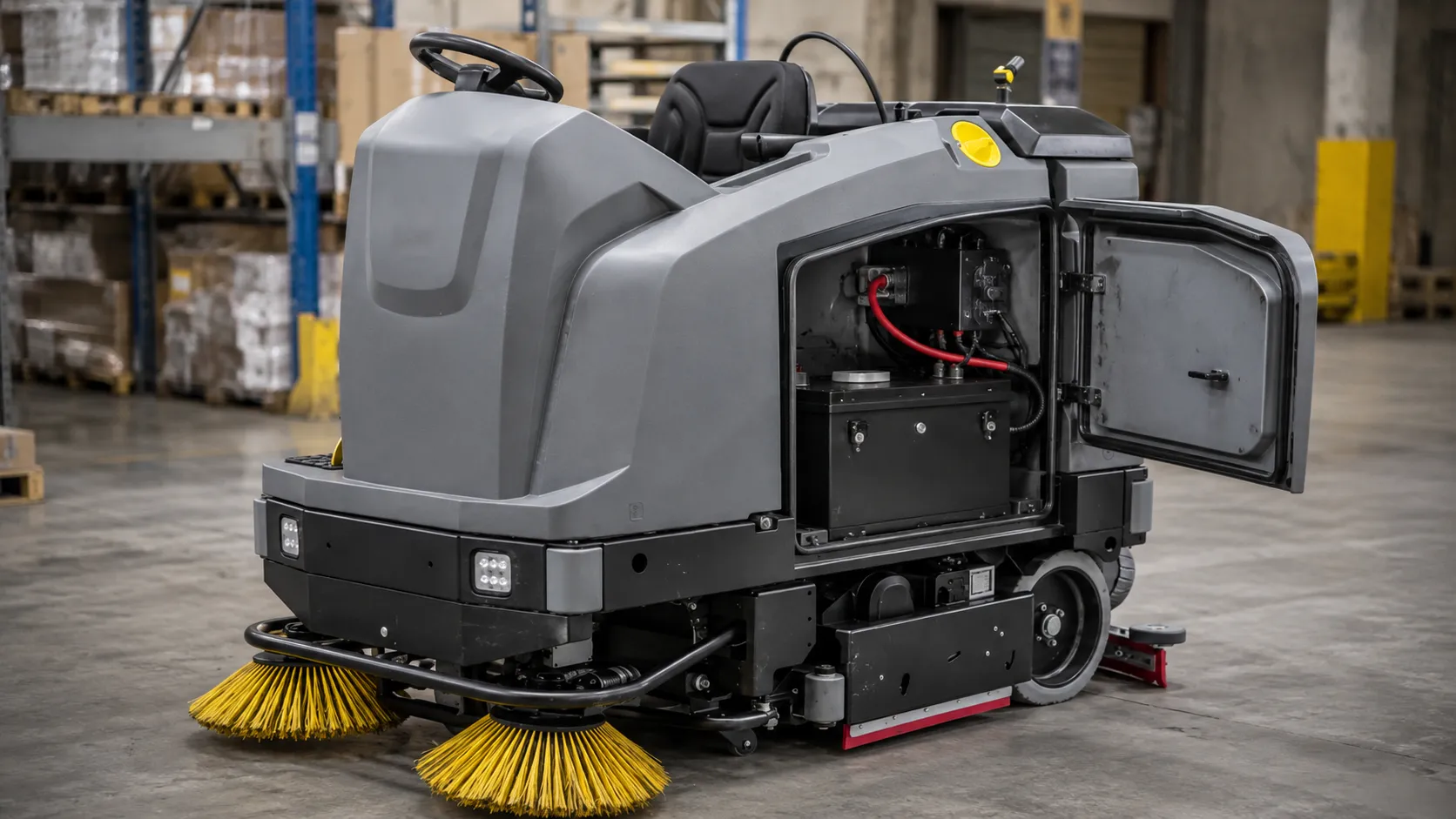Industrial LiFePO4 battery installed in a commercial floor cleaning machine