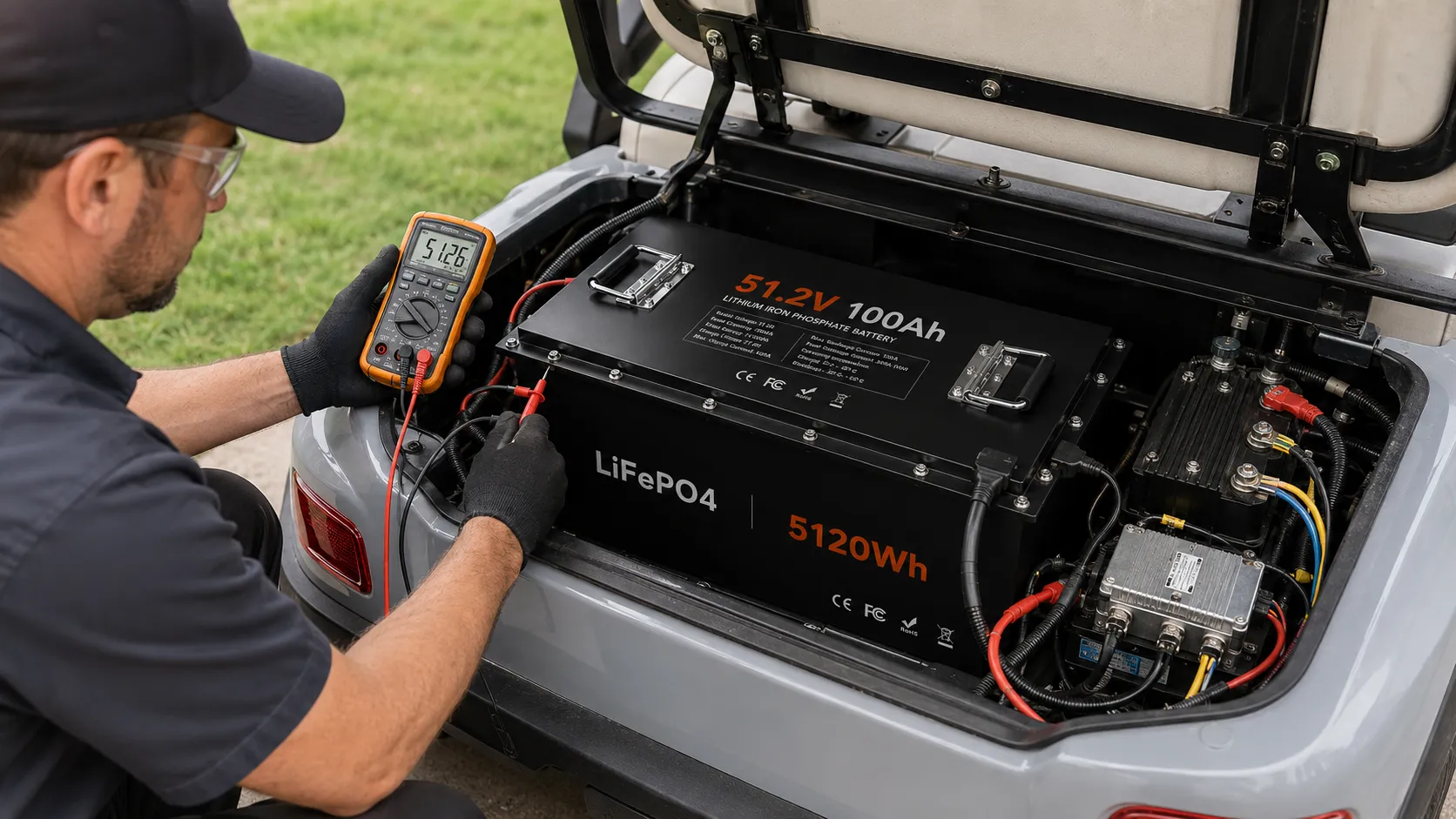 Technician testing golf cart lithium battery voltage with a multimeter