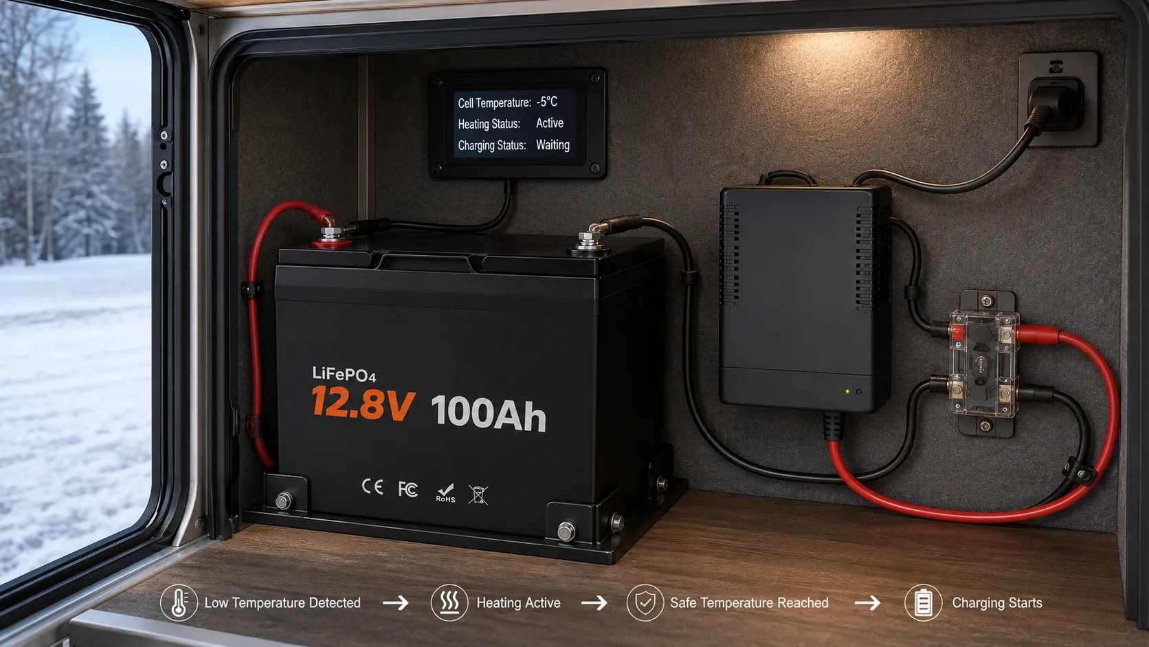 Group 24 self-heating LiFePO4 battery operating in a cold-weather RV system