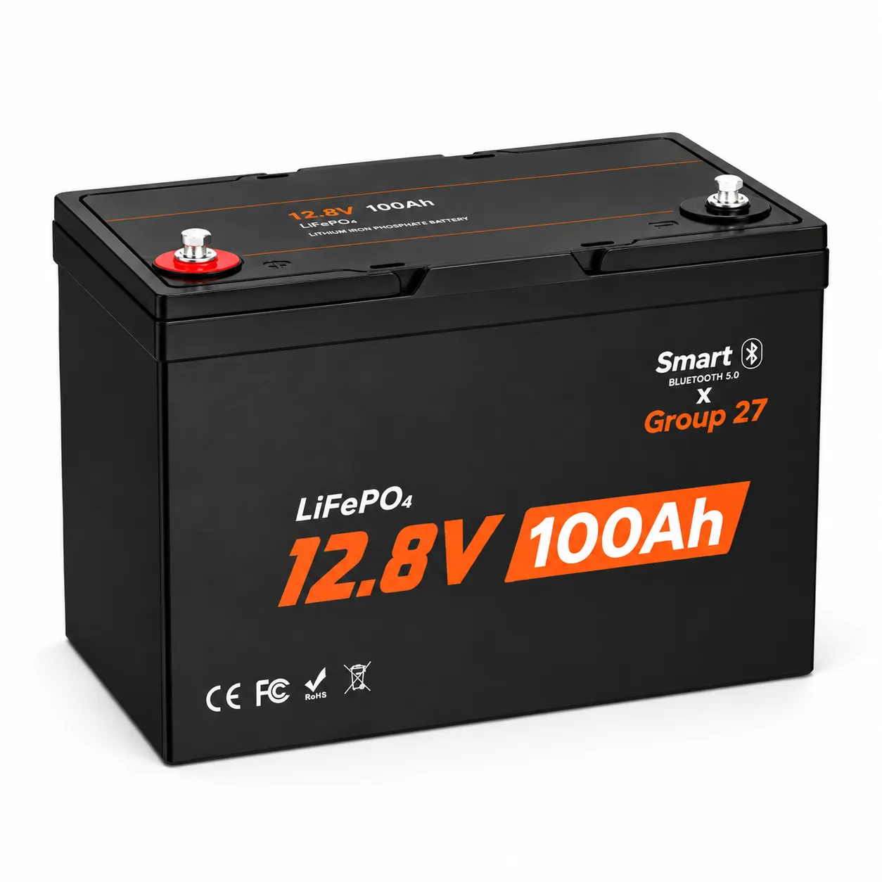 12V 100Ah Group 27 LiFePO4 battery for RV marine solar and off-grid deep-cycle applications