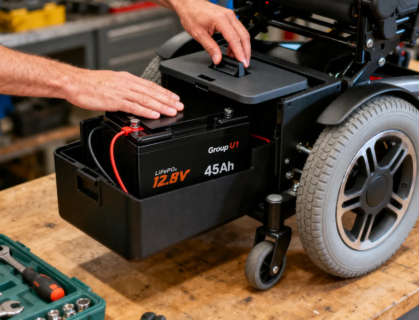 12V 45Ah LiFePO4 battery installed in mobility scooter or wheelchair equipment
