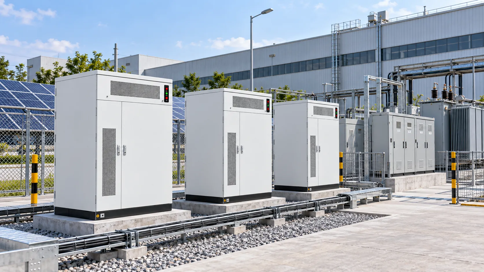 Industrial BESS factory application with solar PV outdoor battery cabinets transformer switchgear and electrical distribution equipment