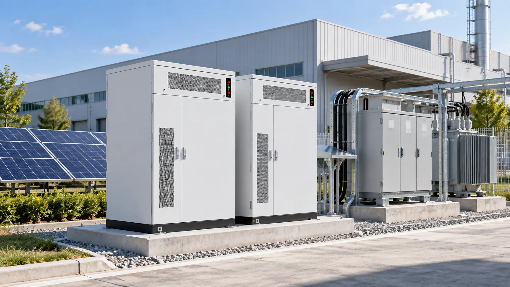 Industrial BESS peak shaving system for factory energy management with solar PV battery storage cabinets and electrical distribution equipment