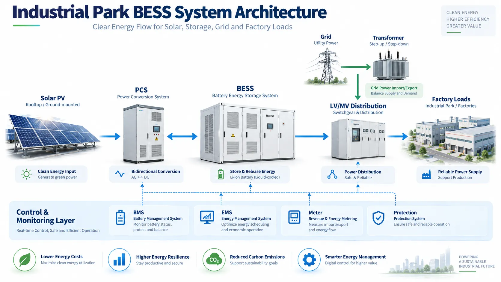 Industrial park BESS architecture with solar PV PCS battery storage transformer electrical distribution BMS EMS meter and factory loads