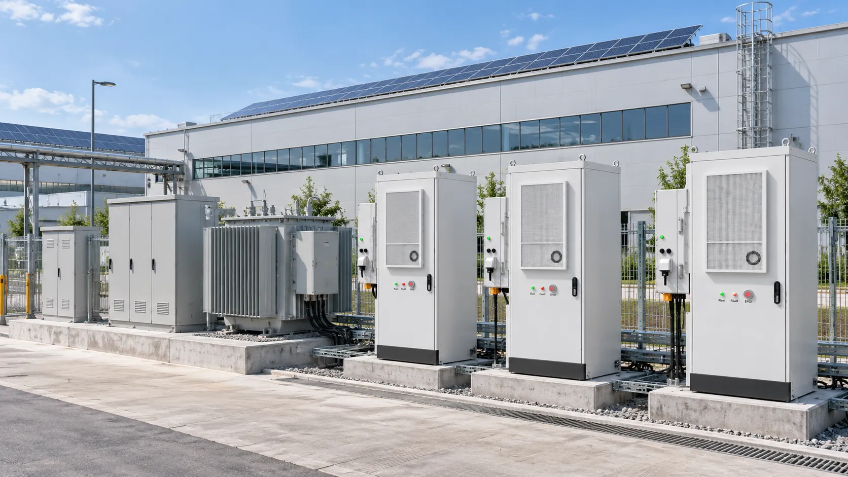 Industrial solar BESS factory application with rooftop PV outdoor battery cabinets transformer and electrical distribution equipment