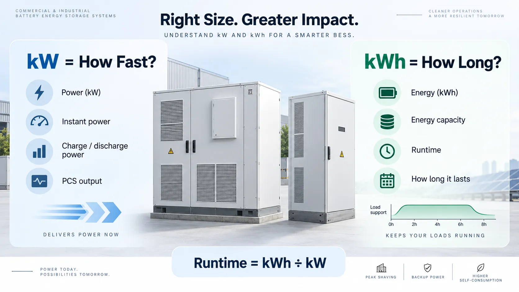 kW versus kWh in C and I BESS sizing showing PCS power battery energy capacity and runtime
