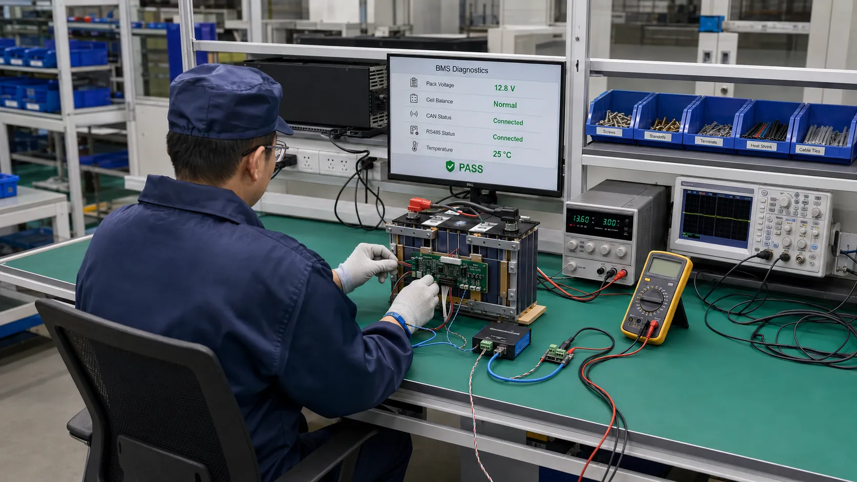 Industrial LiFePO4 battery Smart BMS CAN and RS485 communication testing