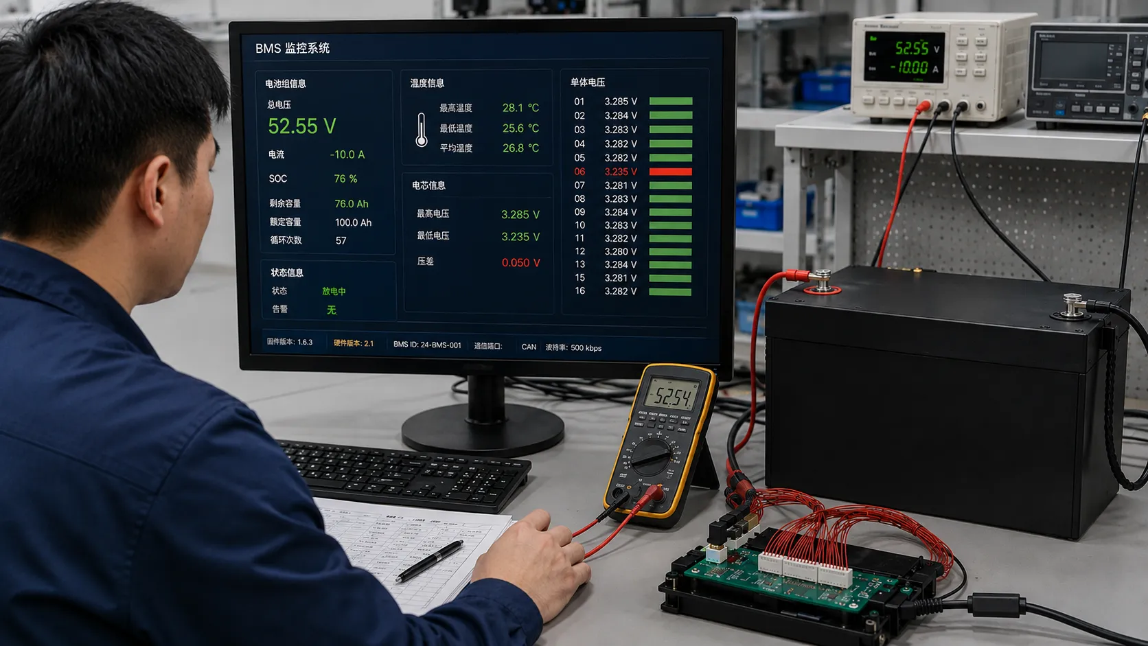 LiFePO4 battery BMS diagnostic testing with individual cell voltage monitoring