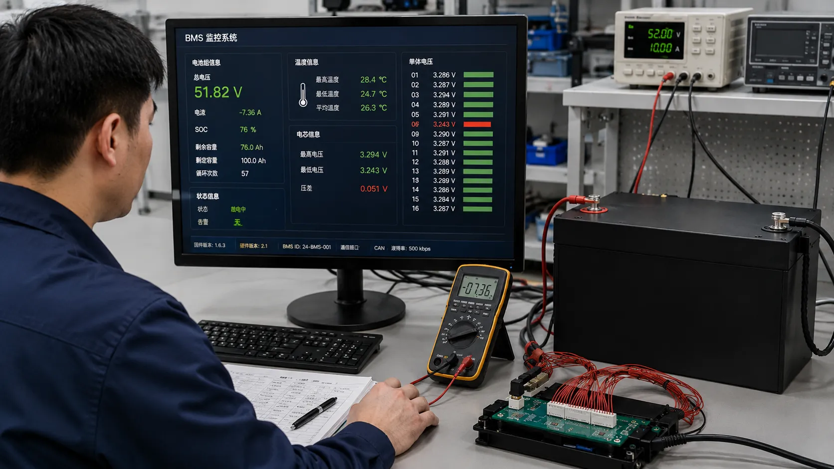 LiFePO4 cell imbalance and BMS cutoff diagnostic testing with individual cell voltage monitoring