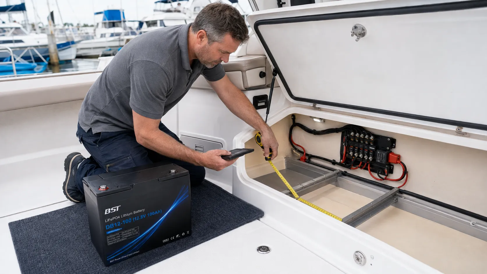 Engineer checking boat battery compartment dimensions for a marine LiFePO4 installation