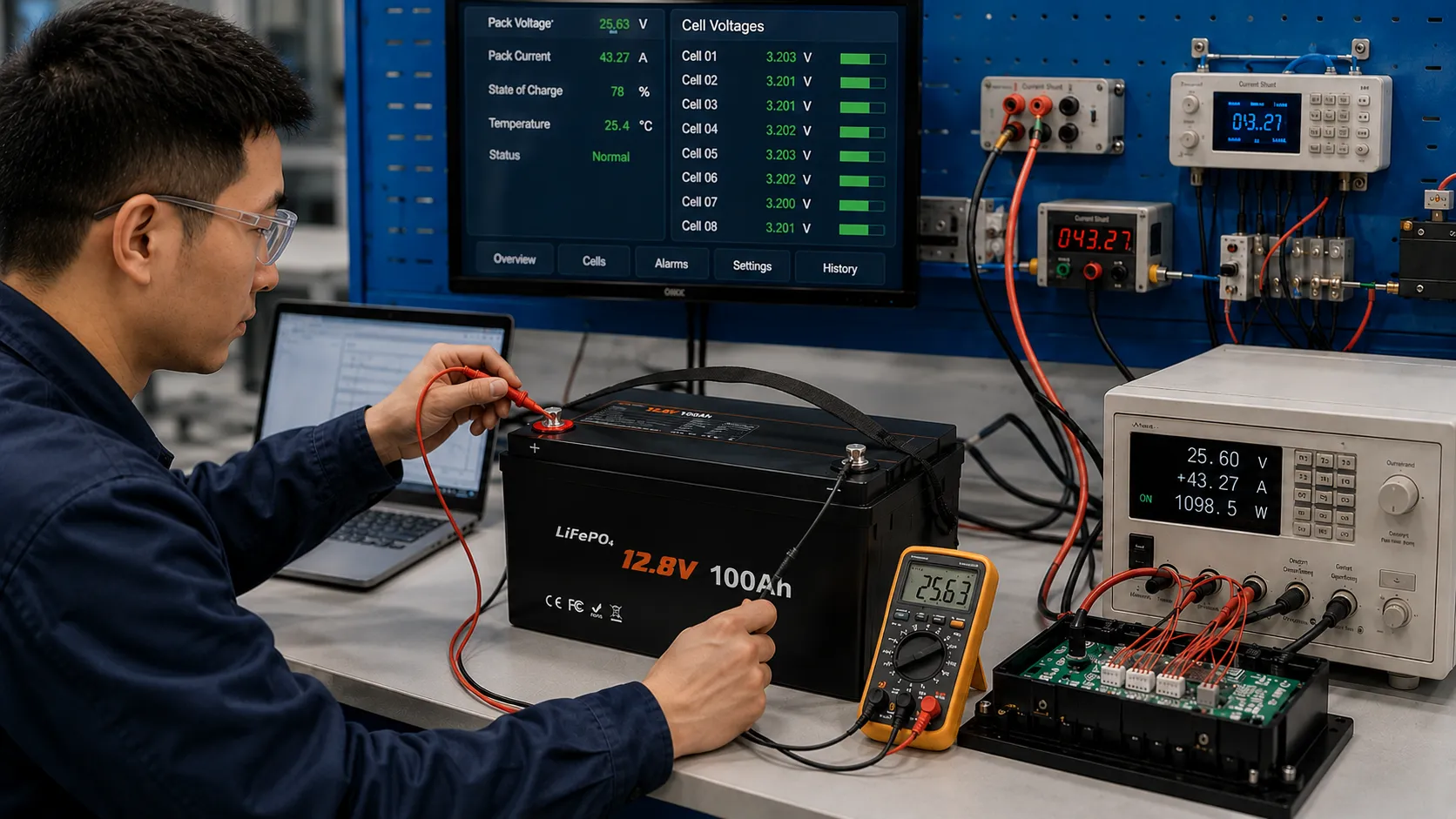 Marine LiFePO4 battery BMS charge discharge current and cell voltage testing