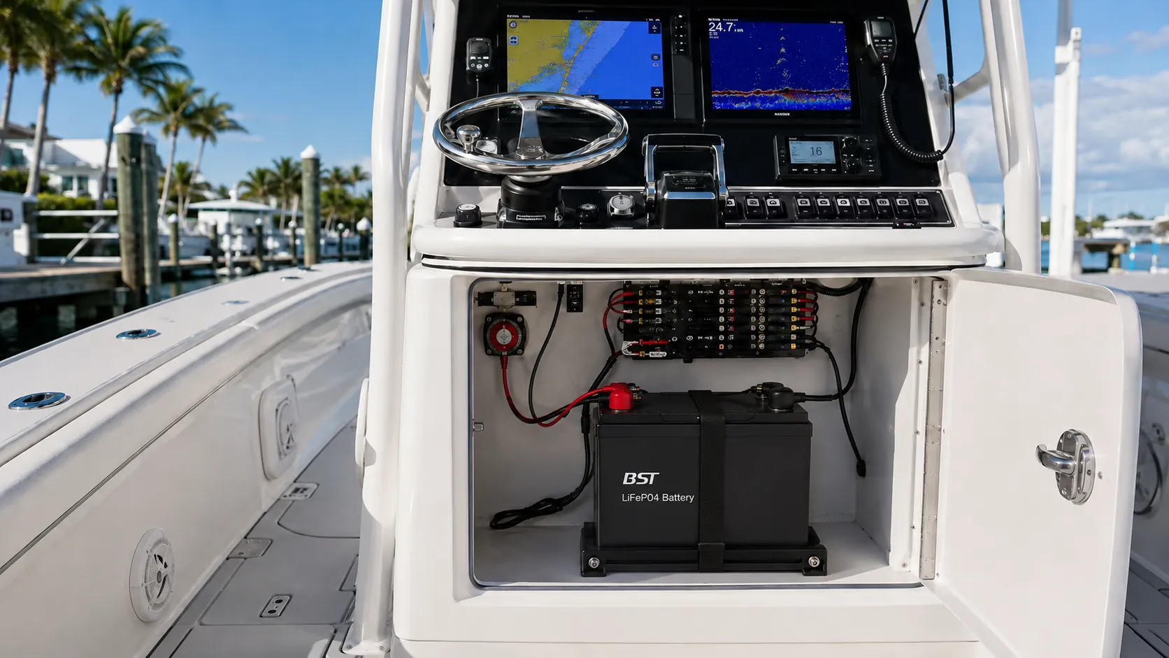 Marine LiFePO4 battery electrical system with inverter charger fuse and busbars