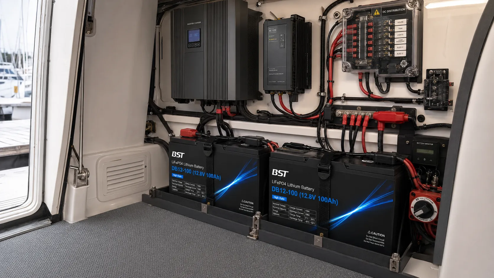 Marine LiFePO4 battery connected to inverter, charger, busbars and circuit protection